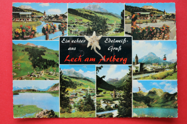 AK Ein echter Edelweiss Gruss aus Lech am Arlberg / 1974 / echtes Edelweiss / Mehrbildkarte / Strassenansicht / Strassen / Bauernhöfe / Voralberg